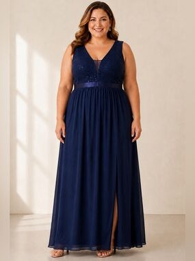 Missmay 2XL Navy Sequin Lace Chiffon Formal Maxi Evening Dress NWT